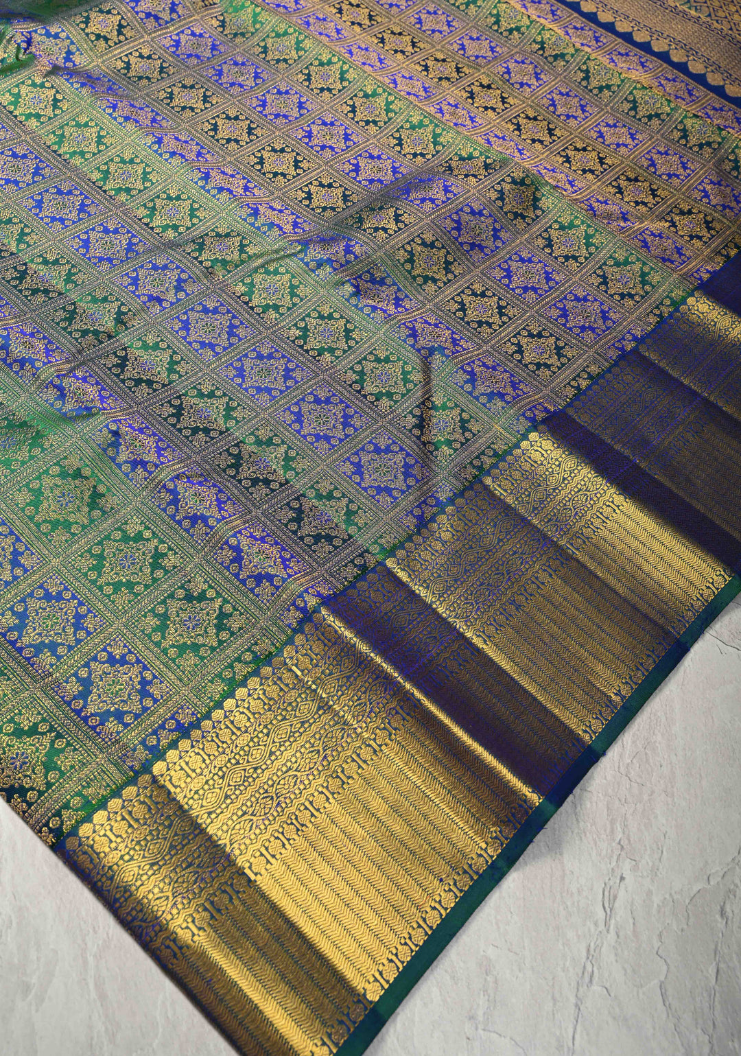 Blue-Green Pure Kanjivaram Silk Saree with Patola Brocade and Zari Border | SILK MARK CERTIFIED