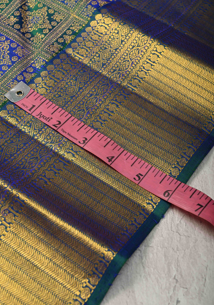 Blue-Green Pure Kanjivaram Silk Saree with Patola Brocade and Zari Border | SILK MARK CERTIFIED