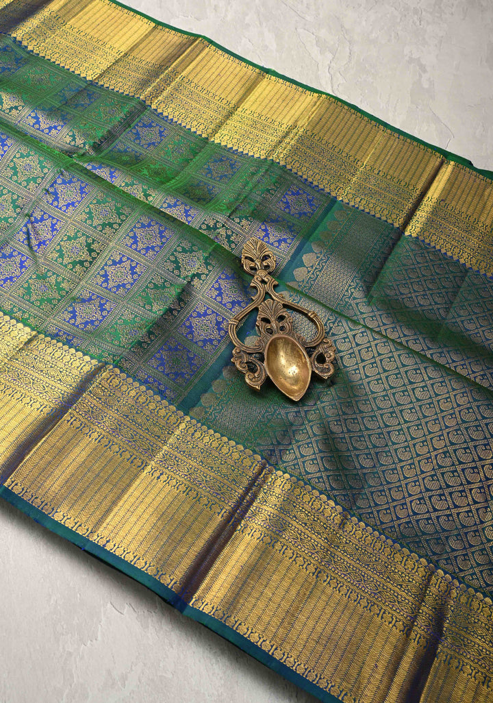 Blue-Green Pure Kanjivaram Silk Saree with Patola Brocade and Zari Border | SILK MARK CERTIFIED