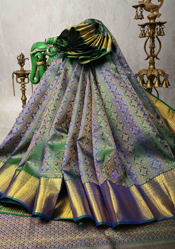 Blue-Green Pure Kanjivaram Silk Saree with Patola Brocade and Zari Border | SILK MARK CERTIFIED