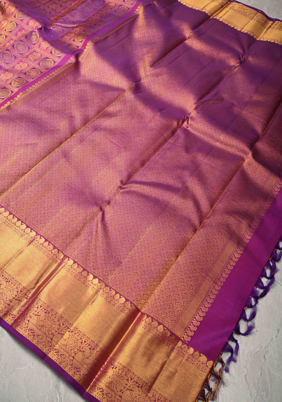 Purple-pink Pure Kanjivaram Silk Saree with Meenakari Patola Brocade and Zari Border | SILK MARK CERTIFIED