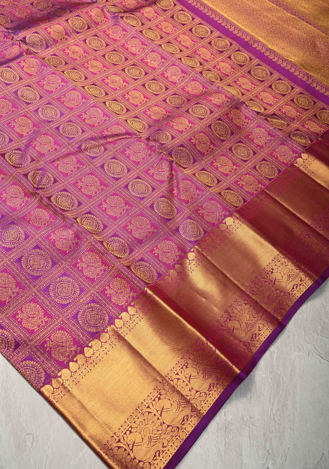 Purple-pink Pure Kanjivaram Silk Saree with Meenakari Patola Brocade and Zari Border | SILK MARK CERTIFIED