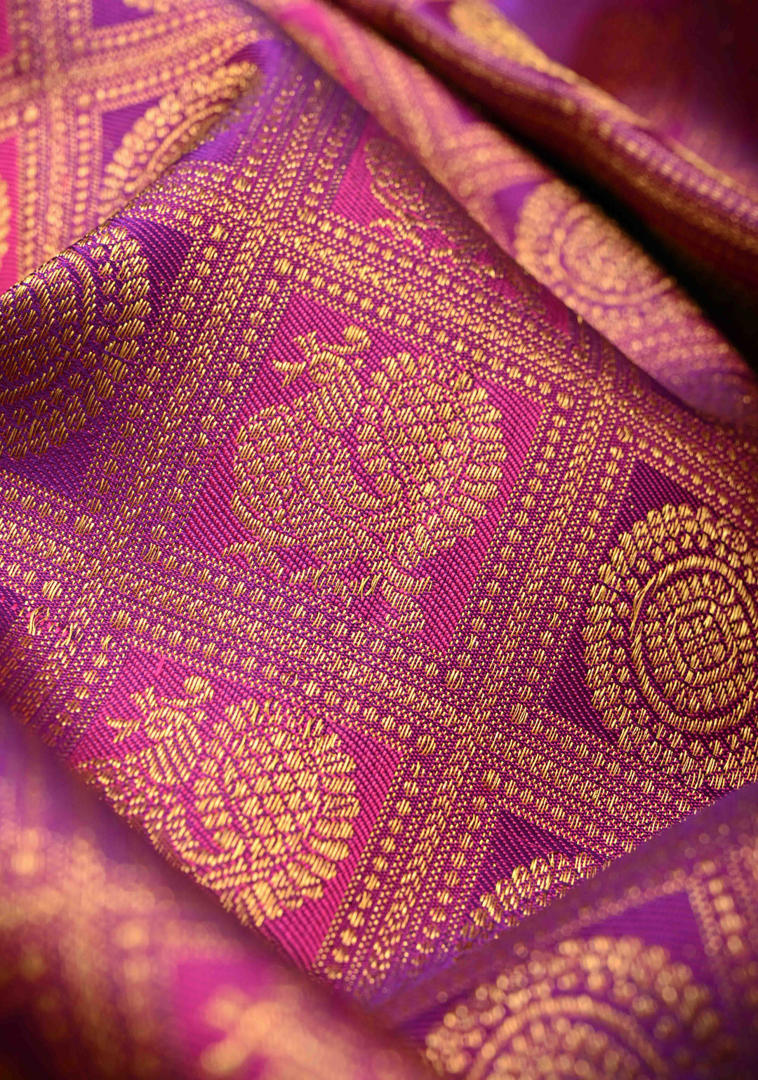 Purple-pink Pure Kanjivaram Silk Saree with Meenakari Patola Brocade and Zari Border | SILK MARK CERTIFIED