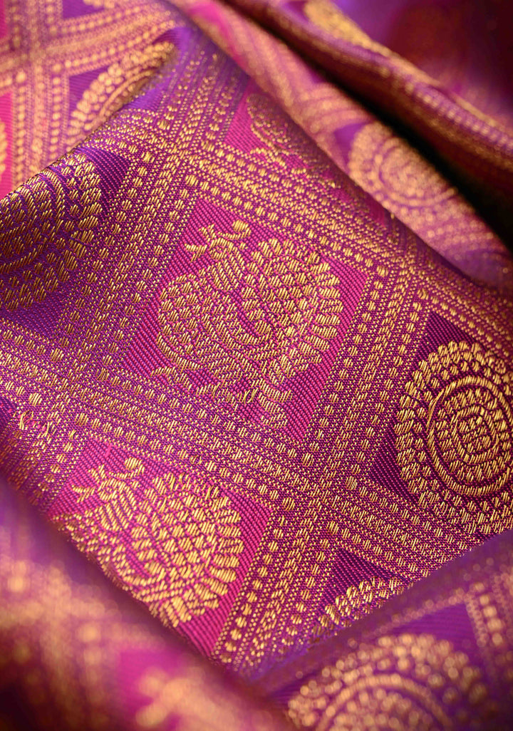 Purple-pink Pure Kanjivaram Silk Saree with Meenakari Patola Brocade and Zari Border | SILK MARK CERTIFIED