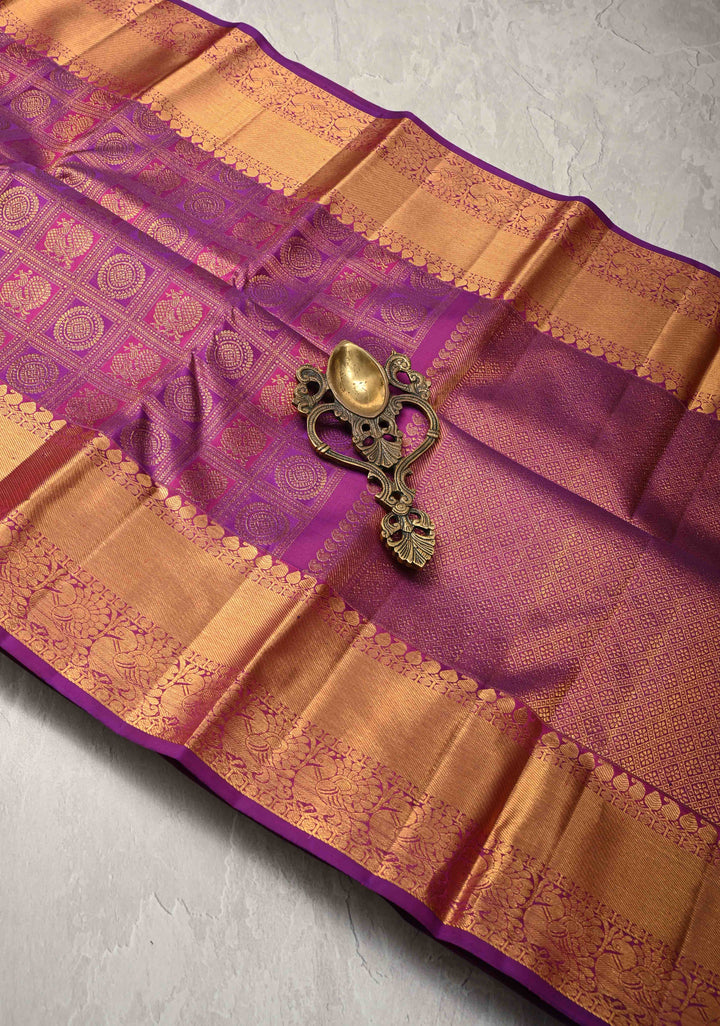 Purple-pink Pure Kanjivaram Silk Saree with Meenakari Patola Brocade and Zari Border | SILK MARK CERTIFIED
