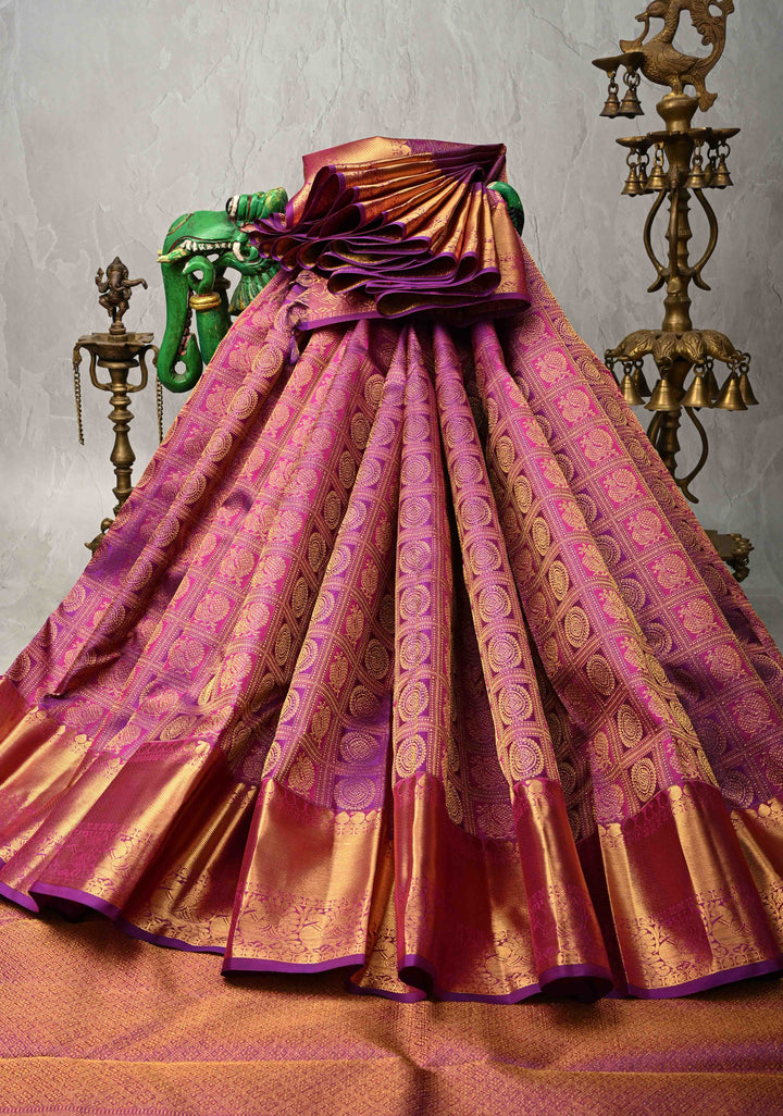 Purple-pink Pure Kanjivaram Silk Saree with Meenakari Patola Brocade and Zari Border | SILK MARK CERTIFIED