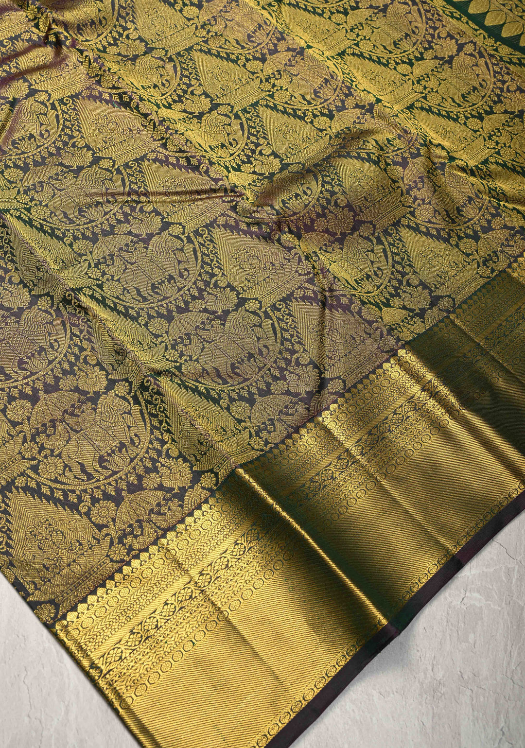 Green Dual Tone Kanjivaram Pure Silk Saree with Vanasingaram Brocade and Zari Border | SILK MARK CERTIFIED