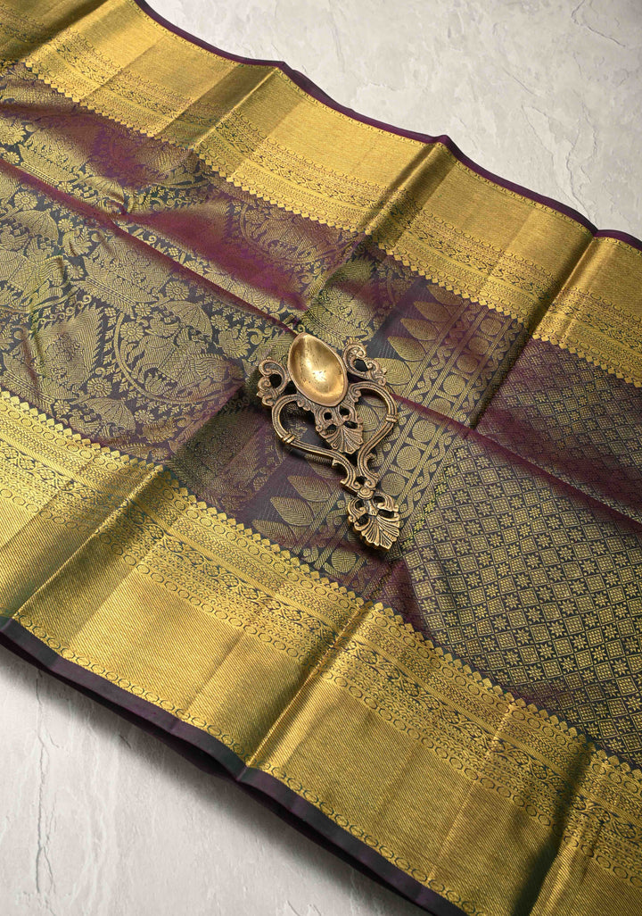 Green Dual Tone Kanjivaram Pure Silk Saree with Vanasingaram Brocade and Zari Border | SILK MARK CERTIFIED