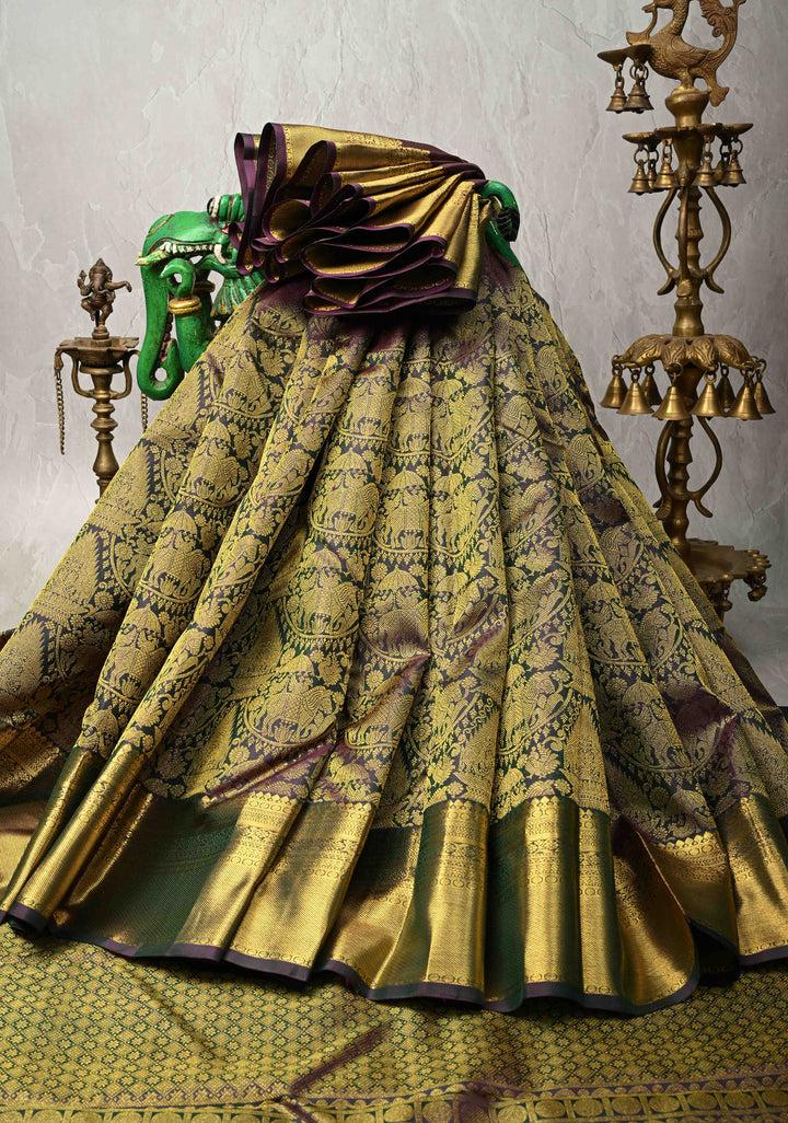 Green Dual Tone Kanjivaram Pure Silk Saree with Vanasingaram Brocade and Zari Border | SILK MARK CERTIFIED