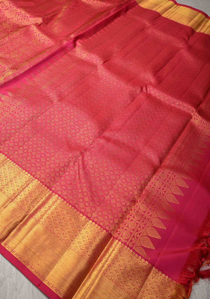 Pink Dual Tone Kanjivaram Pure Silk Saree with Vanasingaram Brocade and Zari Border | SILK MARK CERTIFIED