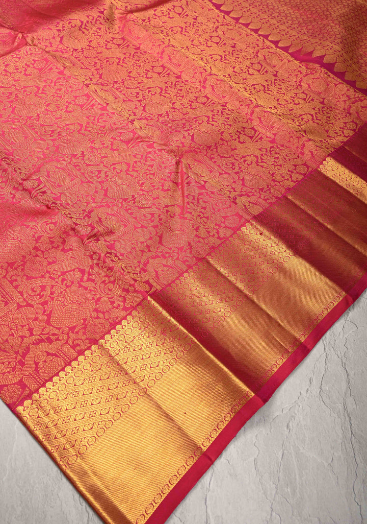 Pink Dual Tone Kanjivaram Pure Silk Saree with Vanasingaram Brocade and Zari Border | SILK MARK CERTIFIED