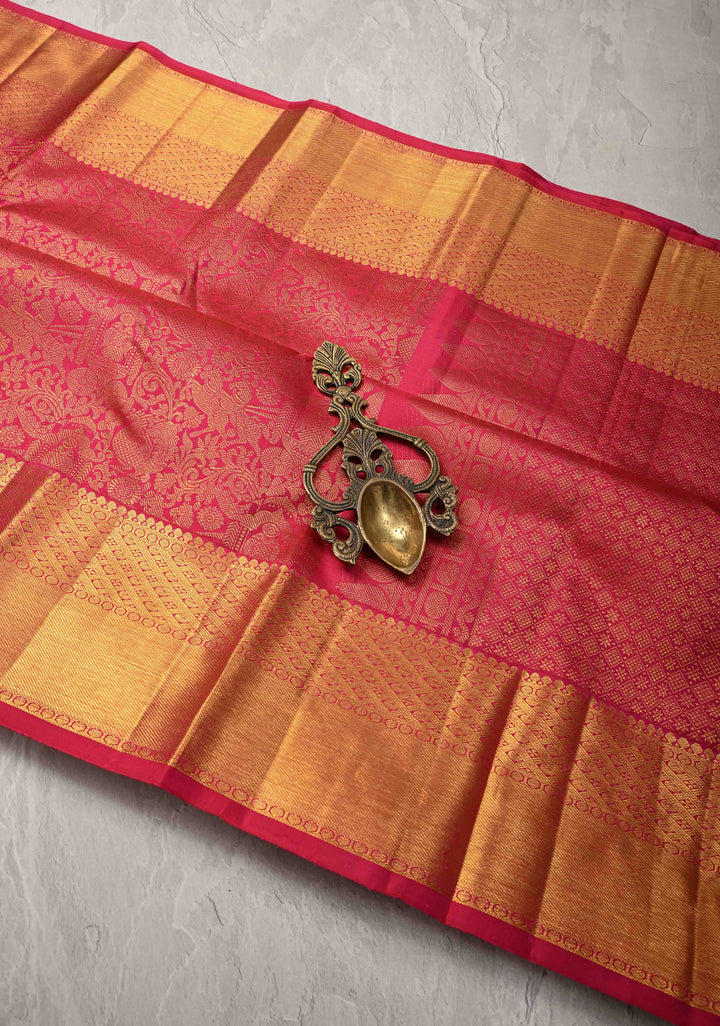 Pink Dual Tone Kanjivaram Pure Silk Saree with Vanasingaram Brocade and Zari Border | SILK MARK CERTIFIED