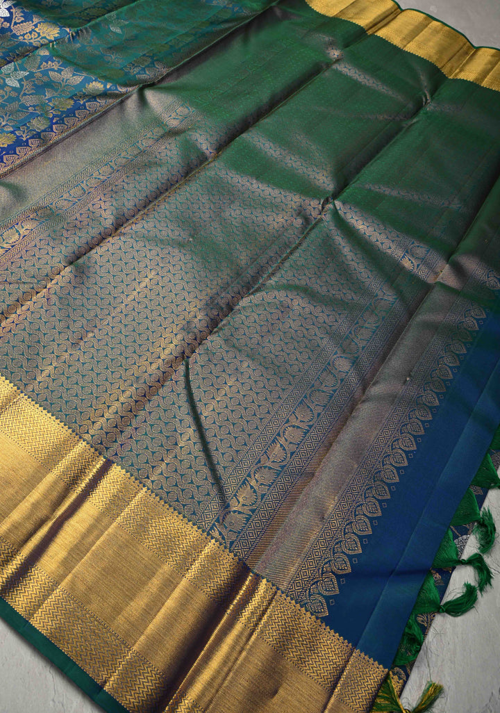 Peacock Blue Pure Kanjivaram Silk Saree with Meenakari  Patola Brocade and Zari Border | SILK MARK CERTIFIED