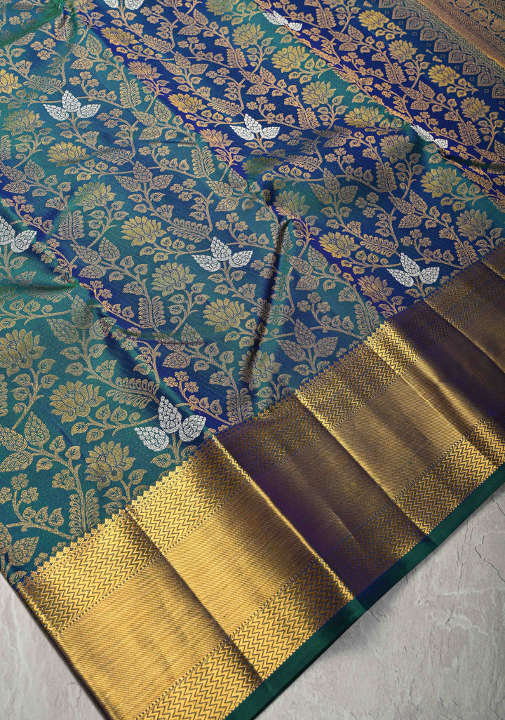 Peacock Blue Pure Kanjivaram Silk Saree with Meenakari  Patola Brocade and Zari Border | SILK MARK CERTIFIED