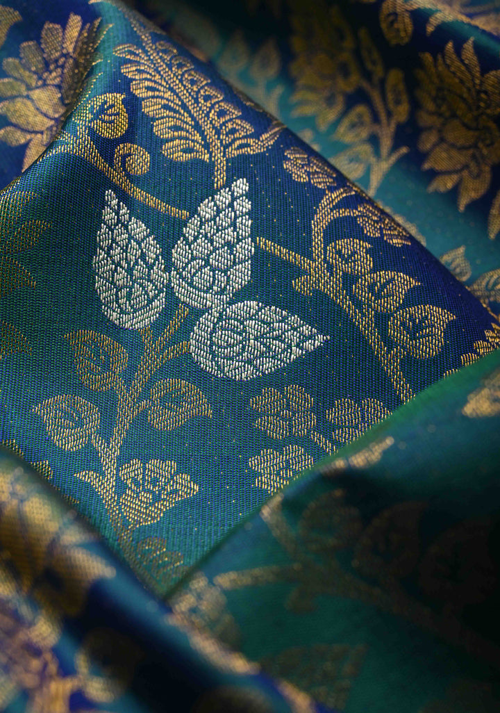 Peacock Blue Pure Kanjivaram Silk Saree with Meenakari  Patola Brocade and Zari Border | SILK MARK CERTIFIED