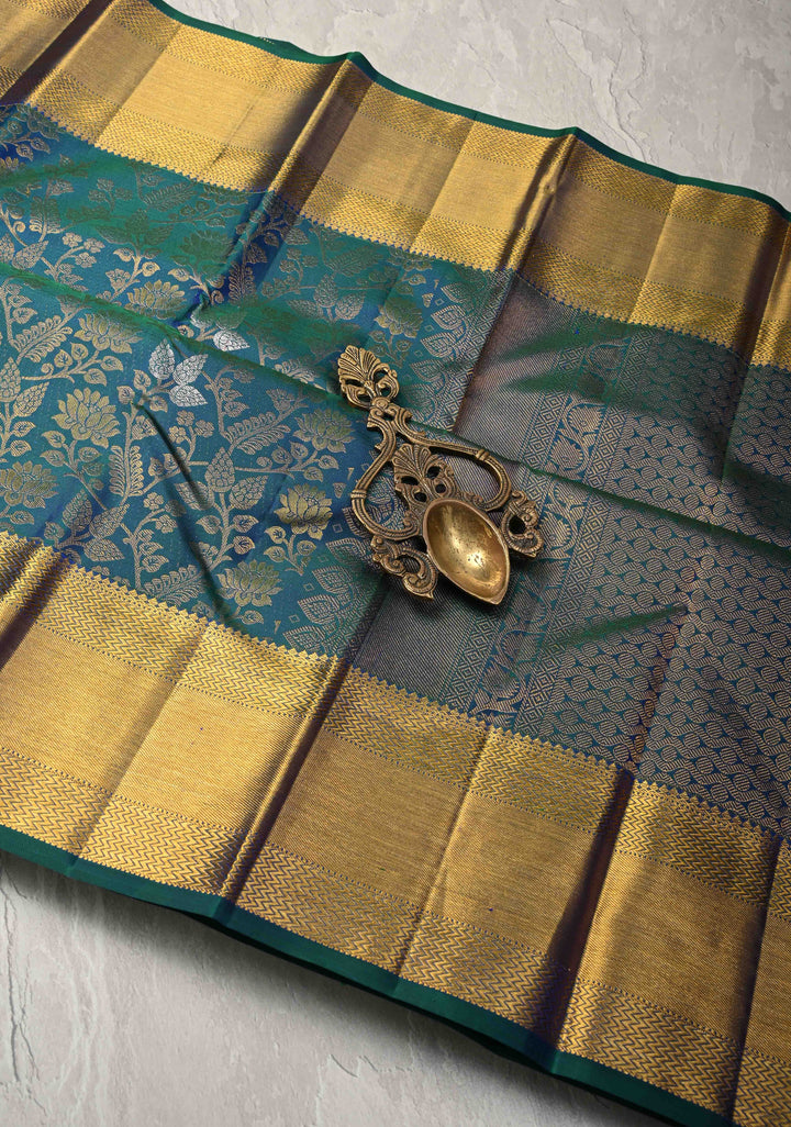 Peacock Blue Pure Kanjivaram Silk Saree with Meenakari  Patola Brocade and Zari Border | SILK MARK CERTIFIED