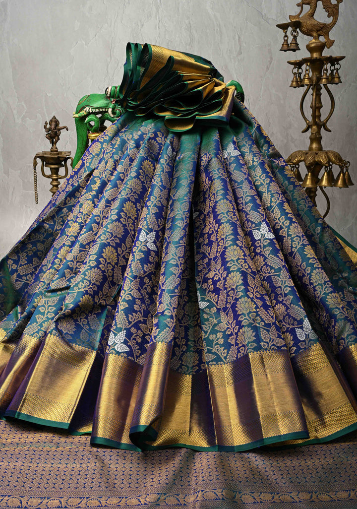 Peacock Blue Pure Kanjivaram Silk Saree with Meenakari  Patola Brocade and Zari Border | SILK MARK CERTIFIED