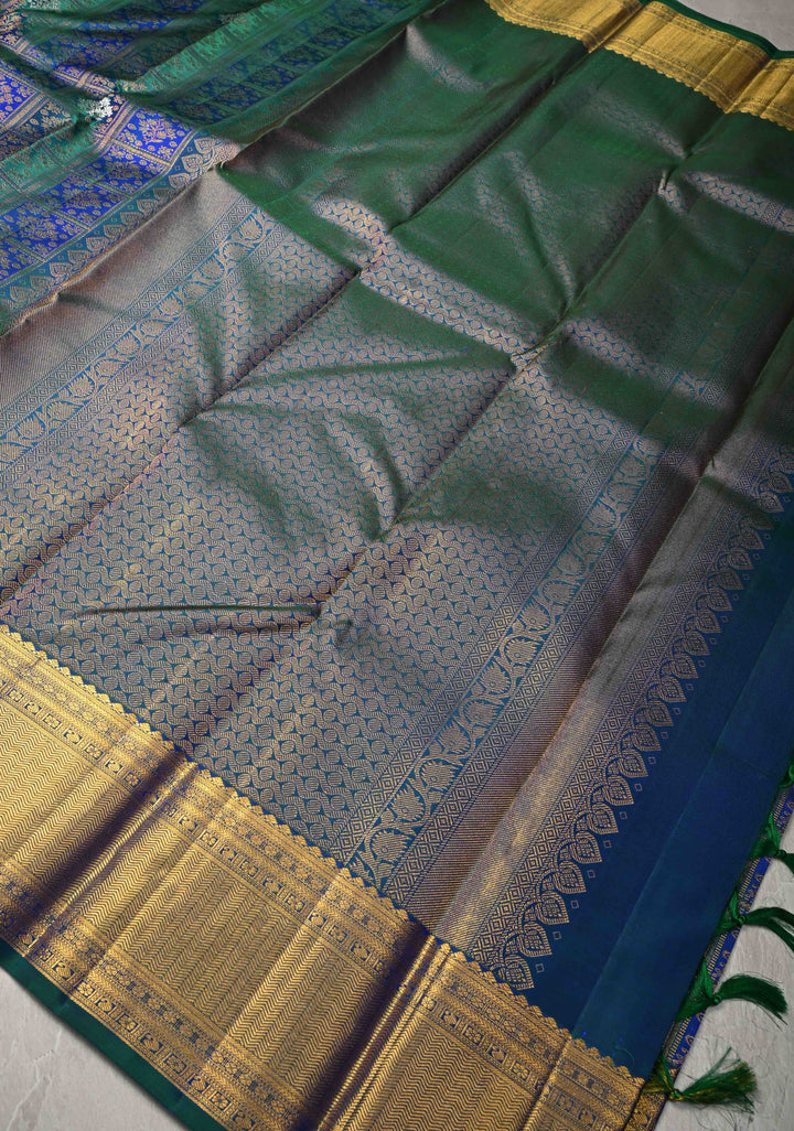 Blue-Green Pure Kanjivaram Silk Saree with Meenakari  Patola Brocade and Zari Border | SILK MARK CERTIFIED