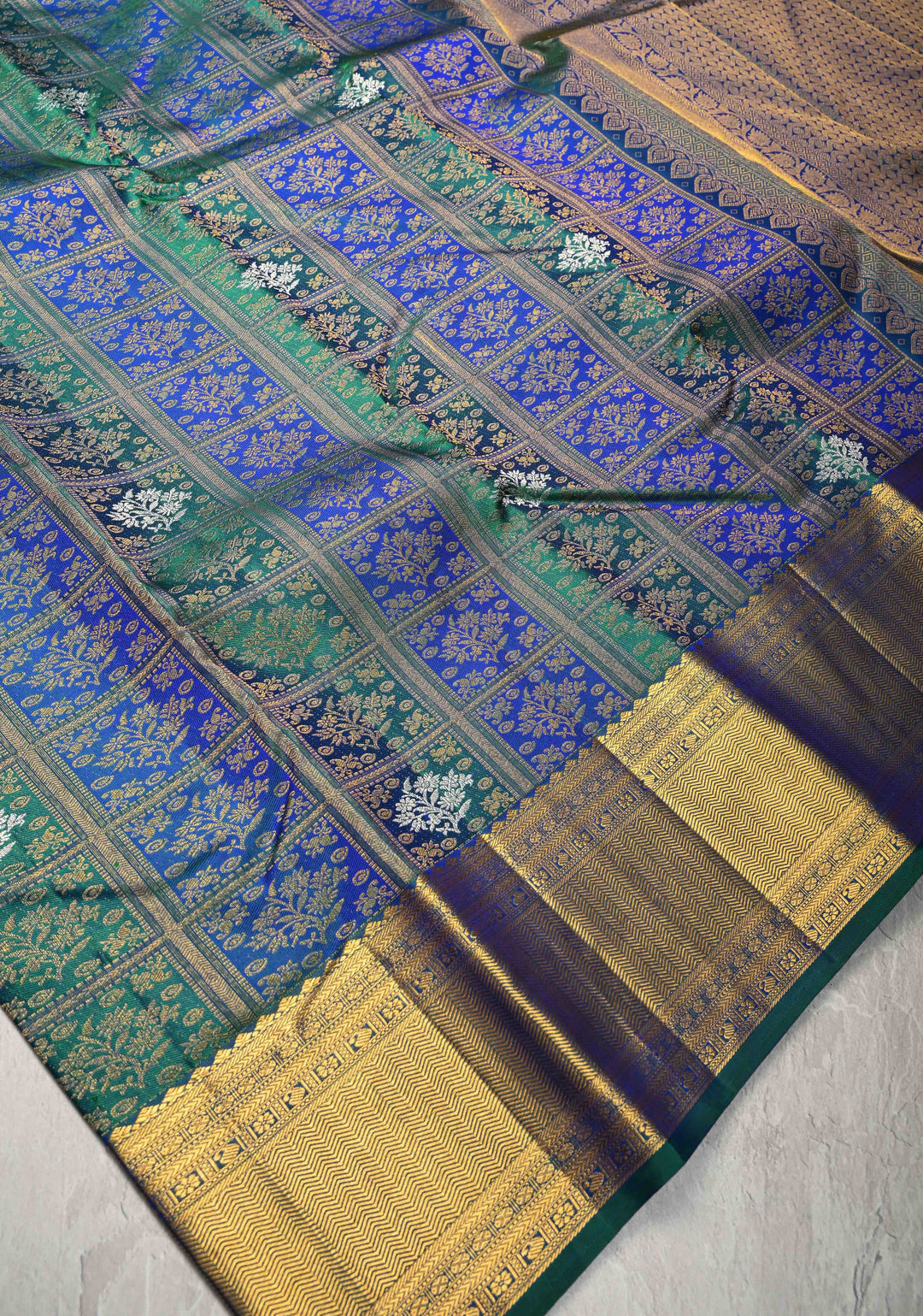 Blue-Green Pure Kanjivaram Silk Saree with Meenakari  Patola Brocade and Zari Border | SILK MARK CERTIFIED