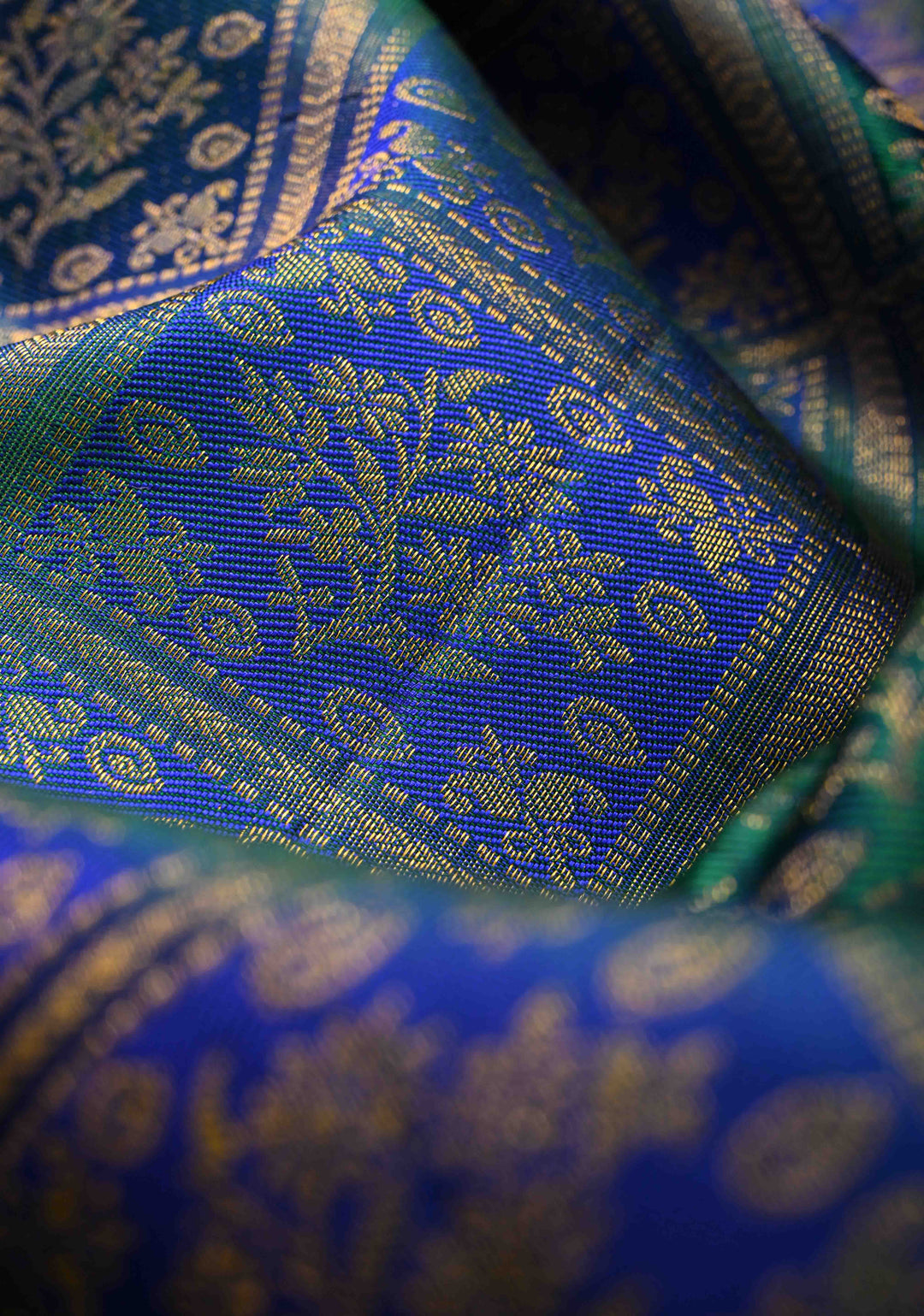 Blue-Green Pure Kanjivaram Silk Saree with Meenakari  Patola Brocade and Zari Border | SILK MARK CERTIFIED