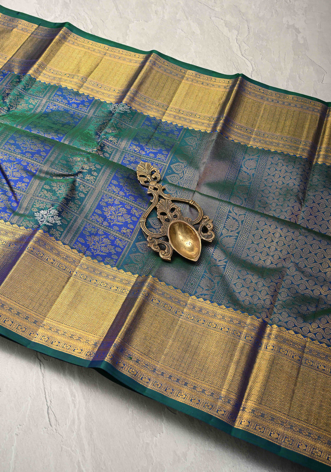 Blue-Green Pure Kanjivaram Silk Saree with Meenakari  Patola Brocade and Zari Border | SILK MARK CERTIFIED