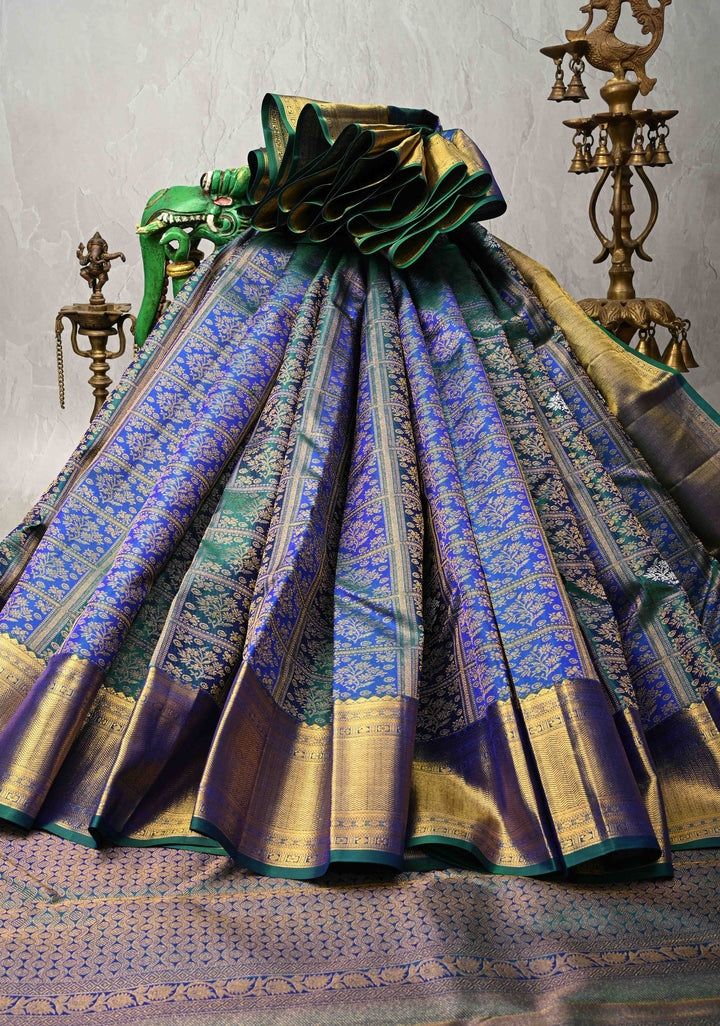 Blue-Green Pure Kanjivaram Silk Saree with Meenakari  Patola Brocade and Zari Border | SILK MARK CERTIFIED