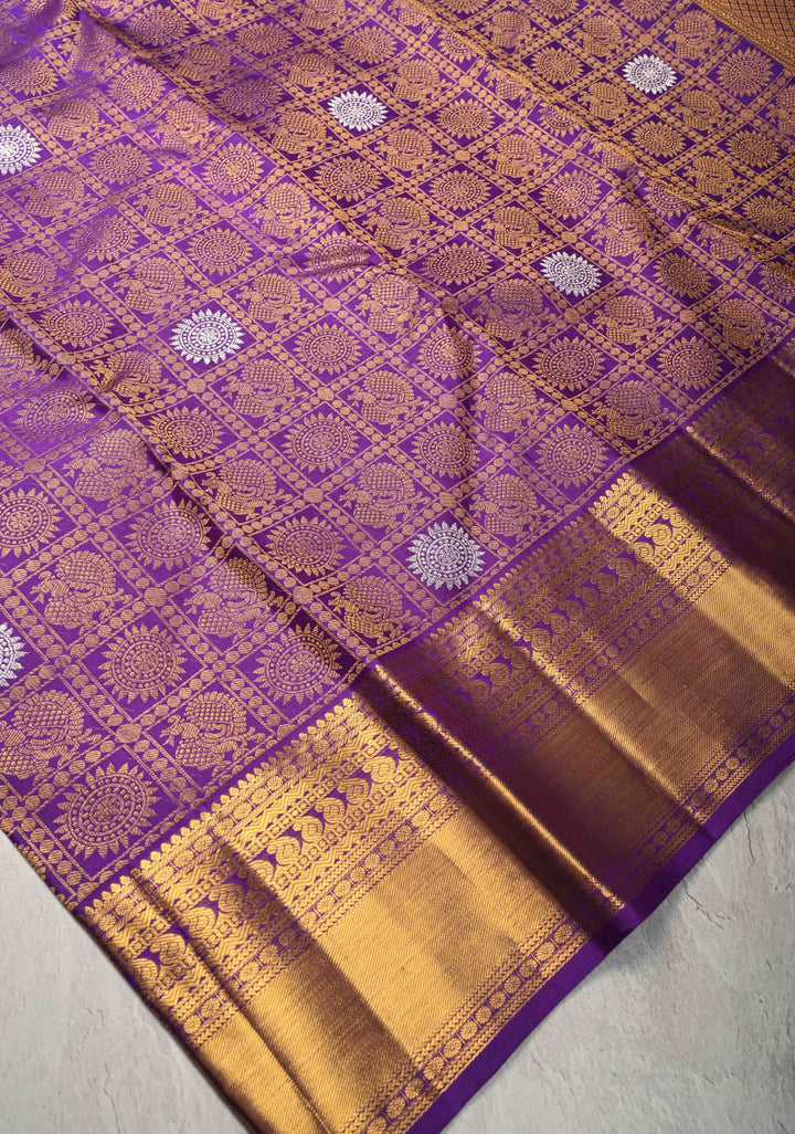 Purple Pure Kanjivaram Silk Saree with Meenakari Patola Brocade and Zari Border | SILK MARK CERTIFIED