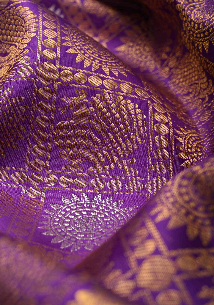 Purple Pure Kanjivaram Silk Saree with Meenakari Patola Brocade and Zari Border | SILK MARK CERTIFIED