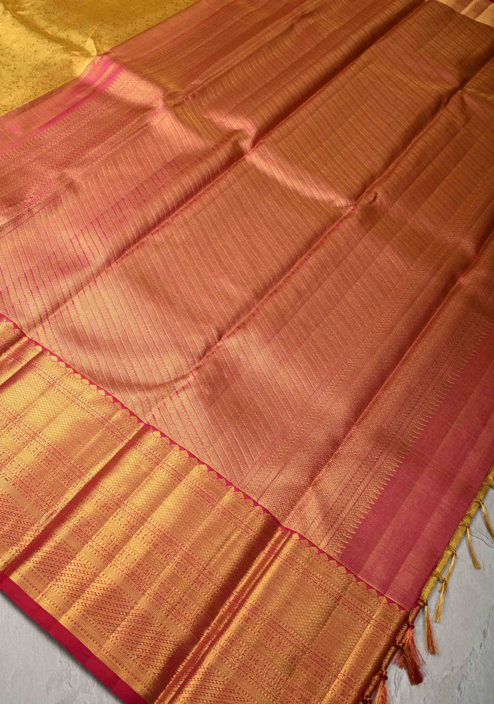 Pure Zari Mustard Yellow Korvai Tissue Kanjivaram Pure Silk Saree with Brocade and Contrast Zari Border | SILK MARK CERTIFIED
