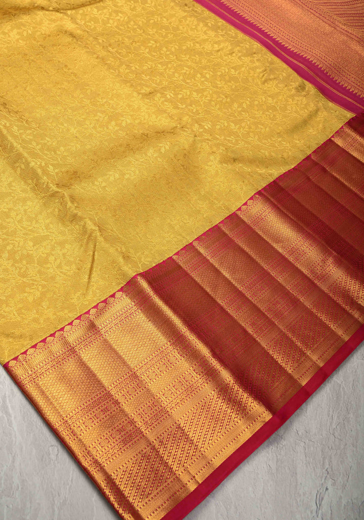 Pure Zari Mustard Yellow Korvai Tissue Kanjivaram Pure Silk Saree with Brocade and Contrast Zari Border | SILK MARK CERTIFIED