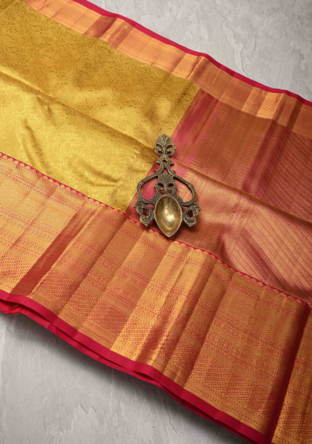 Pure Zari Mustard Yellow Korvai Tissue Kanjivaram Pure Silk Saree with Brocade and Contrast Zari Border | SILK MARK CERTIFIED