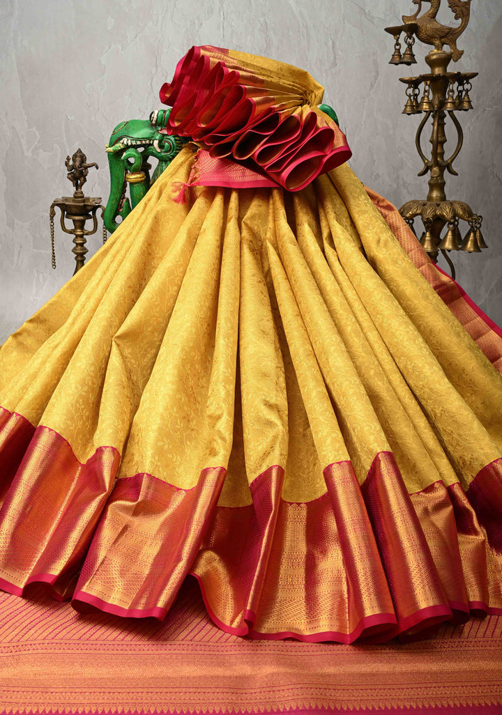 Pure Zari Mustard Yellow Korvai Tissue Kanjivaram Pure Silk Saree with Brocade and Contrast Zari Border | SILK MARK CERTIFIED