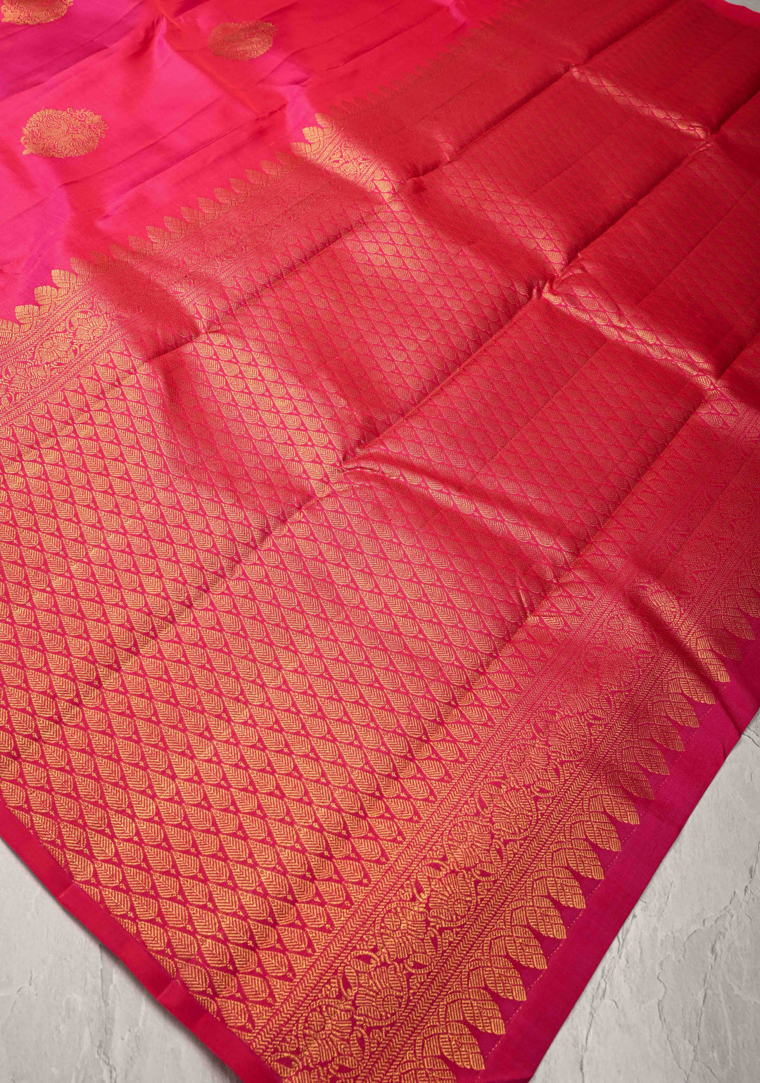 Bright Pink Kanjivaram Silk Saree with Damask Motifs and Procession zari Border | SILK MARK CERTIFIED