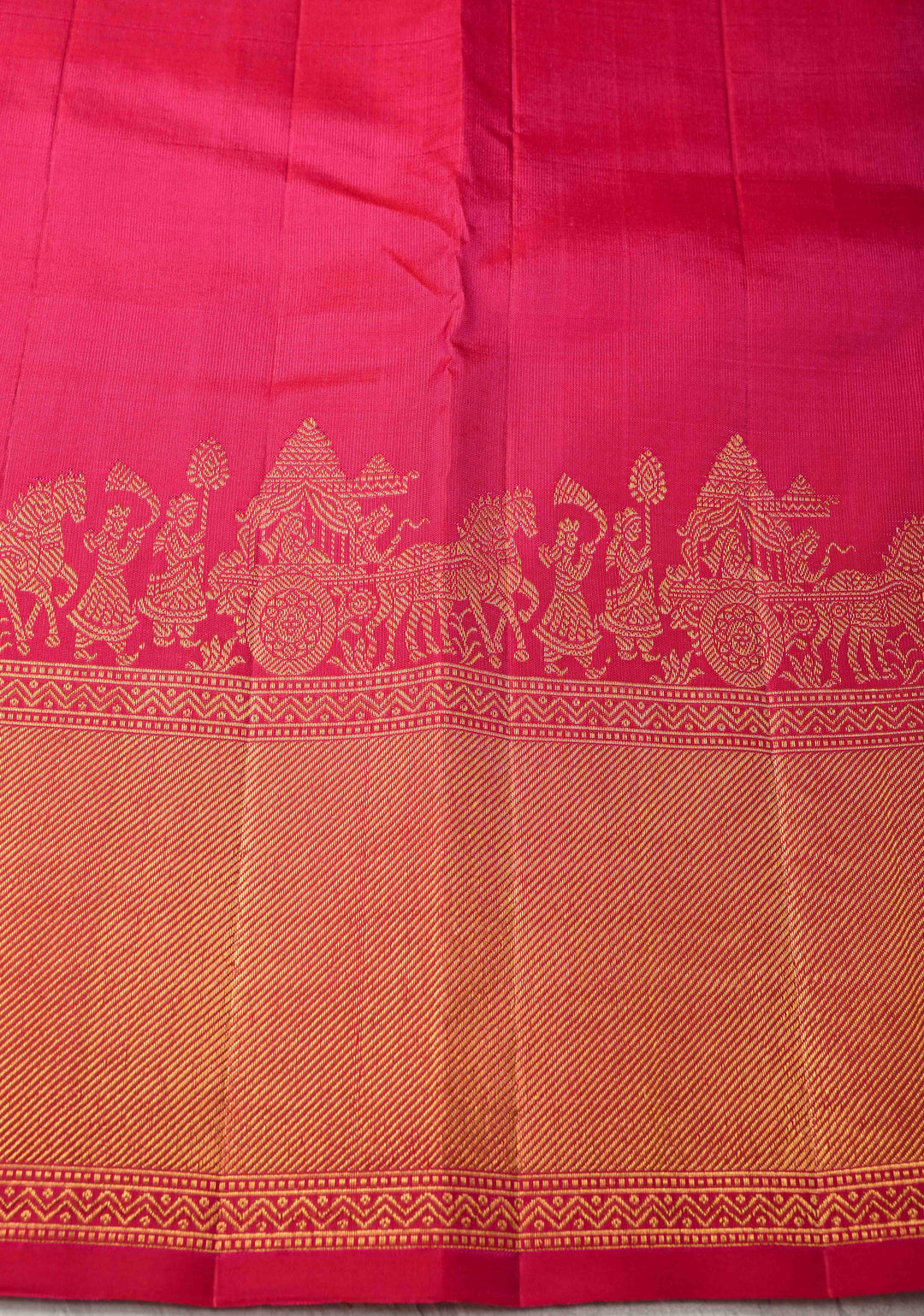 Bright Pink Kanjivaram Silk Saree with Damask Motifs and Procession zari Border | SILK MARK CERTIFIED