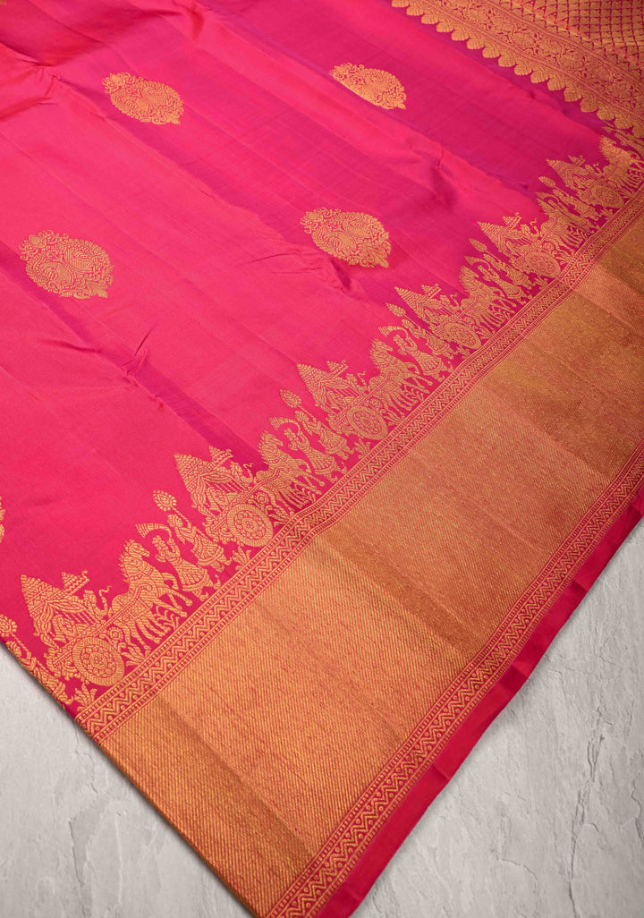 Bright Pink Kanjivaram Silk Saree with Damask Motifs and Procession zari Border | SILK MARK CERTIFIED