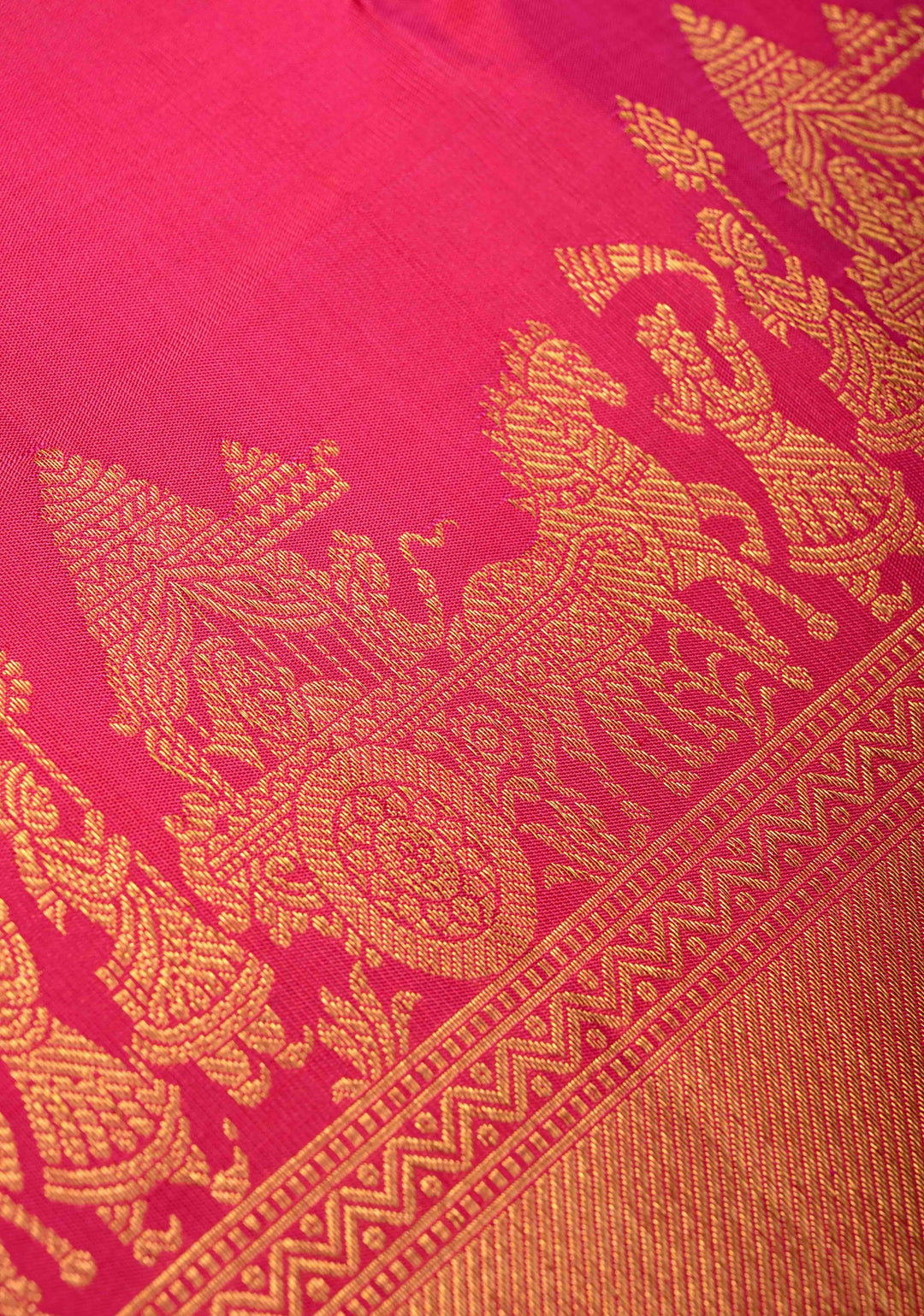 Bright Pink Kanjivaram Silk Saree with Damask Motifs and Procession zari Border | SILK MARK CERTIFIED