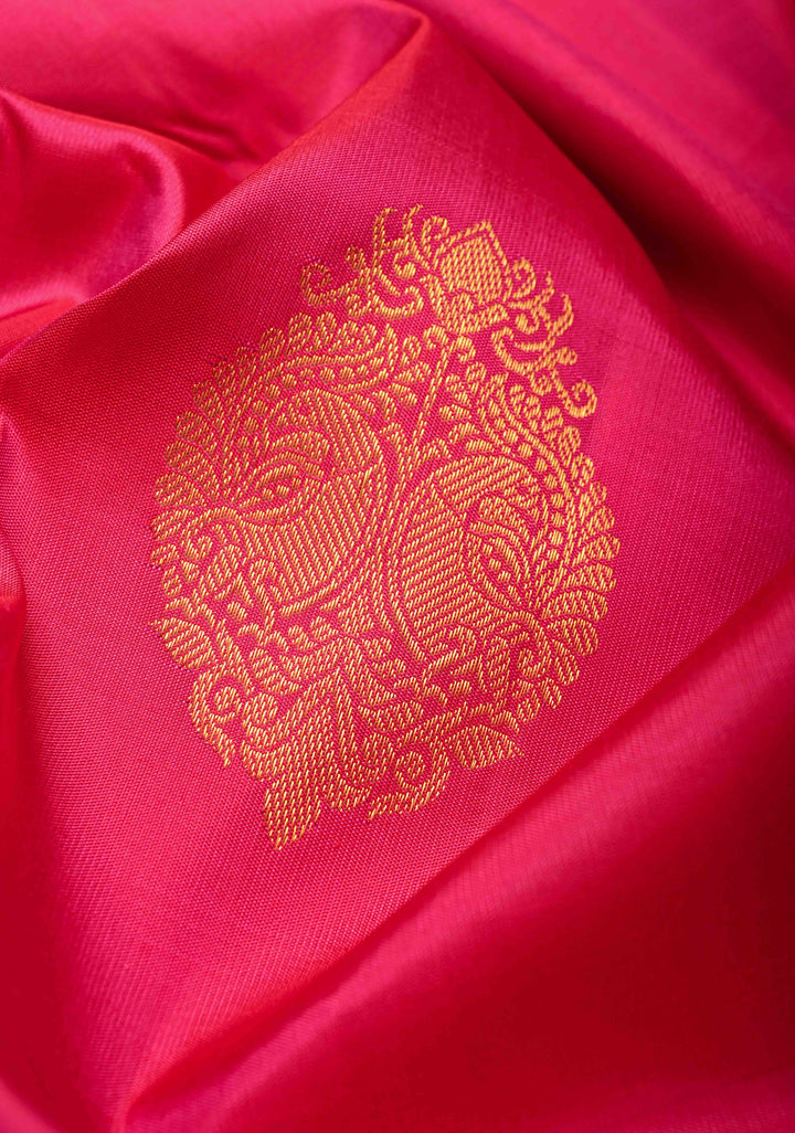 Bright Pink Kanjivaram Silk Saree with Damask Motifs and Procession zari Border | SILK MARK CERTIFIED