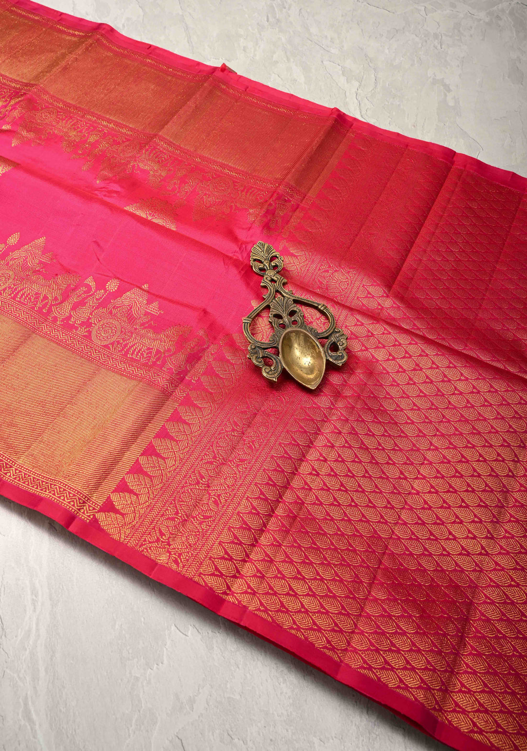 Bright Pink Kanjivaram Silk Saree with Damask Motifs and Procession zari Border | SILK MARK CERTIFIED