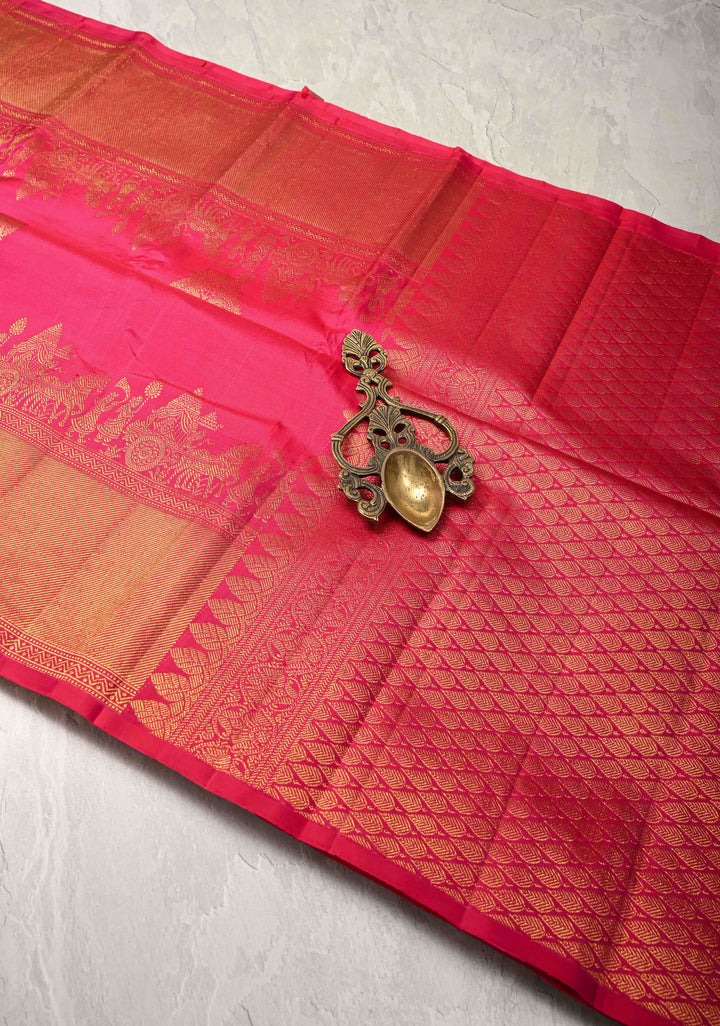 Bright Pink Kanjivaram Silk Saree with Damask Motifs and Procession zari Border | SILK MARK CERTIFIED