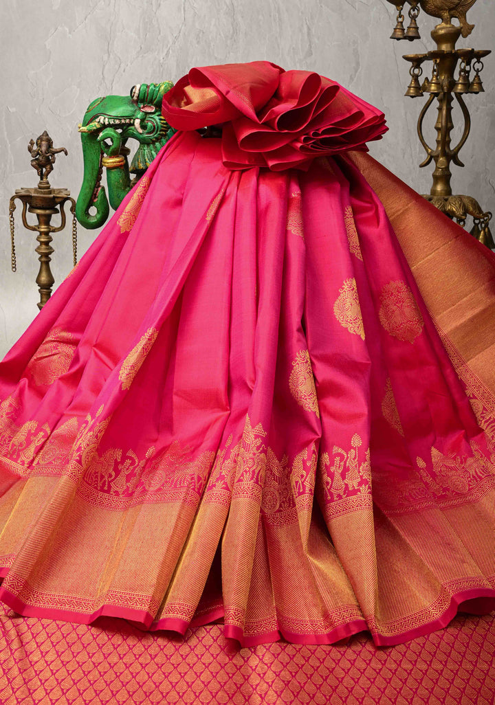 Bright Pink Kanjivaram Silk Saree with Damask Motifs and Procession zari Border | SILK MARK CERTIFIED
