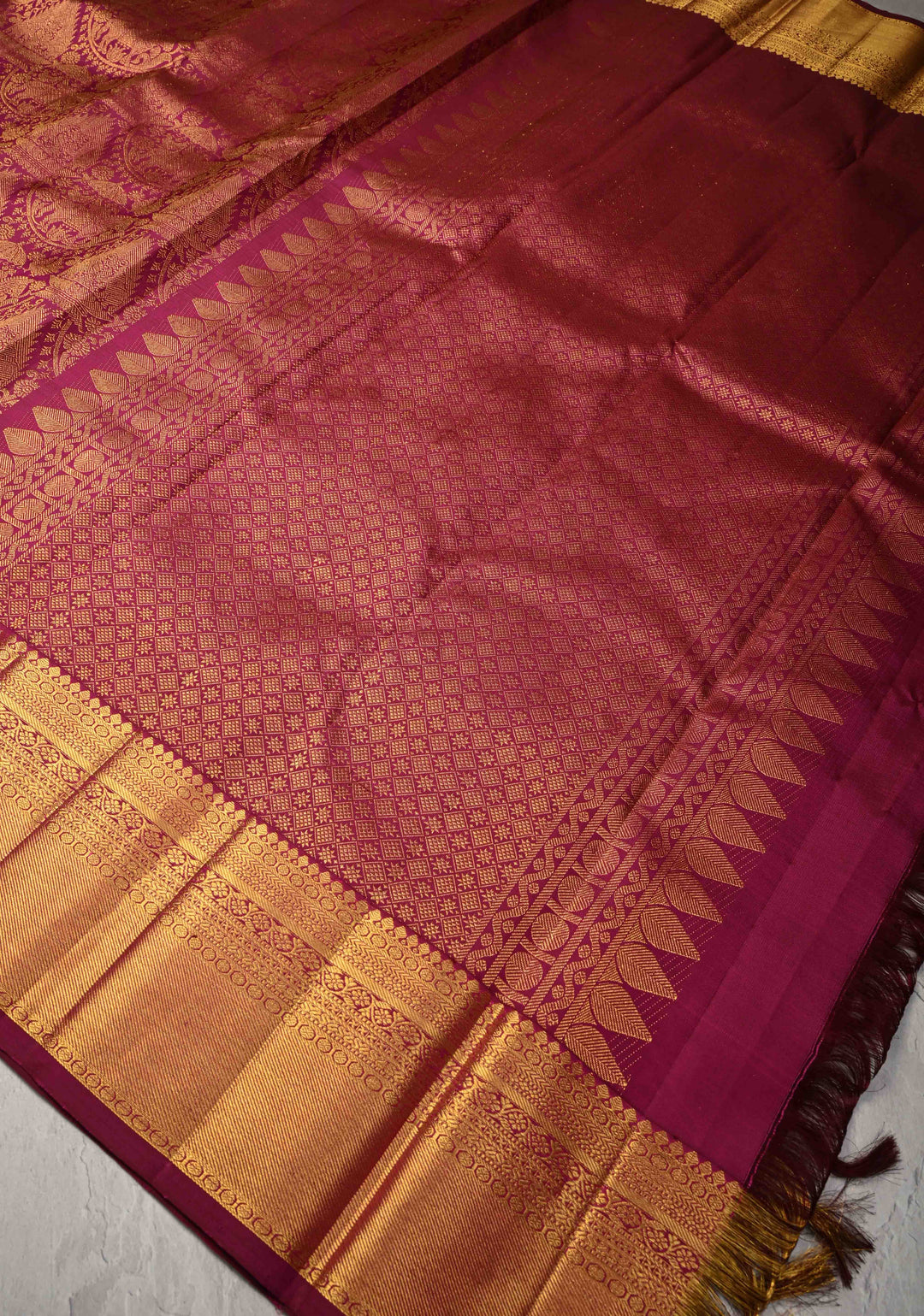 Plum Pure Kanjivaram Silk Proceesion Brocade Saree with Equal Width Border | SILK MARK CERTIFIED