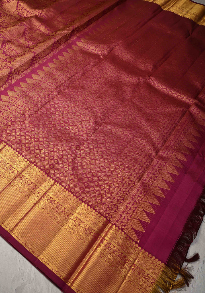 Plum Pure Kanjivaram Silk Proceesion Brocade Saree with Equal Width Border | SILK MARK CERTIFIED