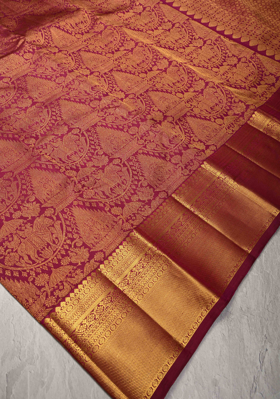 Plum Pure Kanjivaram Silk Proceesion Brocade Saree with Equal Width Border | SILK MARK CERTIFIED