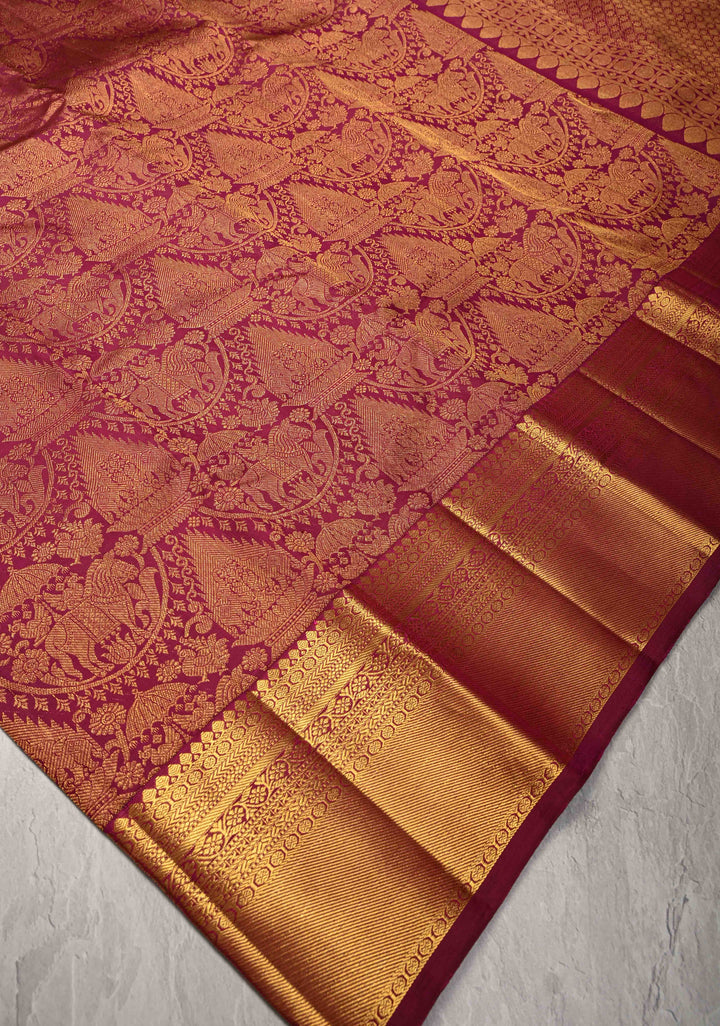 Plum Pure Kanjivaram Silk Proceesion Brocade Saree with Equal Width Border | SILK MARK CERTIFIED