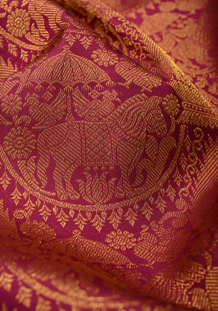 Plum Pure Kanjivaram Silk Proceesion Brocade Saree with Equal Width Border | SILK MARK CERTIFIED