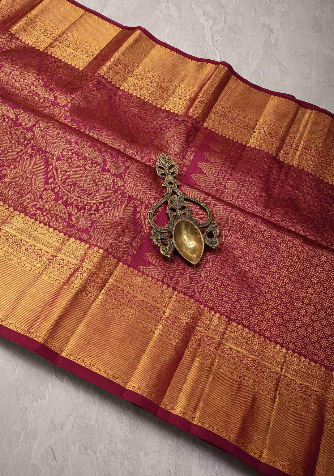 Plum Pure Kanjivaram Silk Proceesion Brocade Saree with Equal Width Border | SILK MARK CERTIFIED