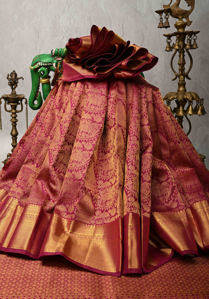 Plum Pure Kanjivaram Silk Proceesion Brocade Saree with Equal Width Border | SILK MARK CERTIFIED