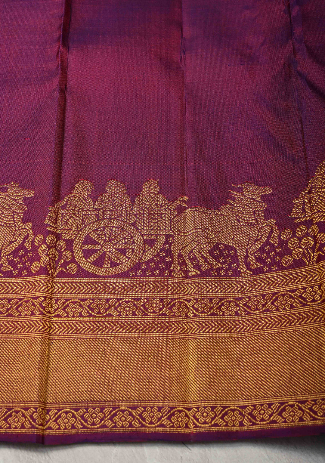 Purple Dual Tone Kanjivaram Silk Saree with Zari Buttas and Bullock Cart Procession Zari Border | SILK MARK CERTIFIED