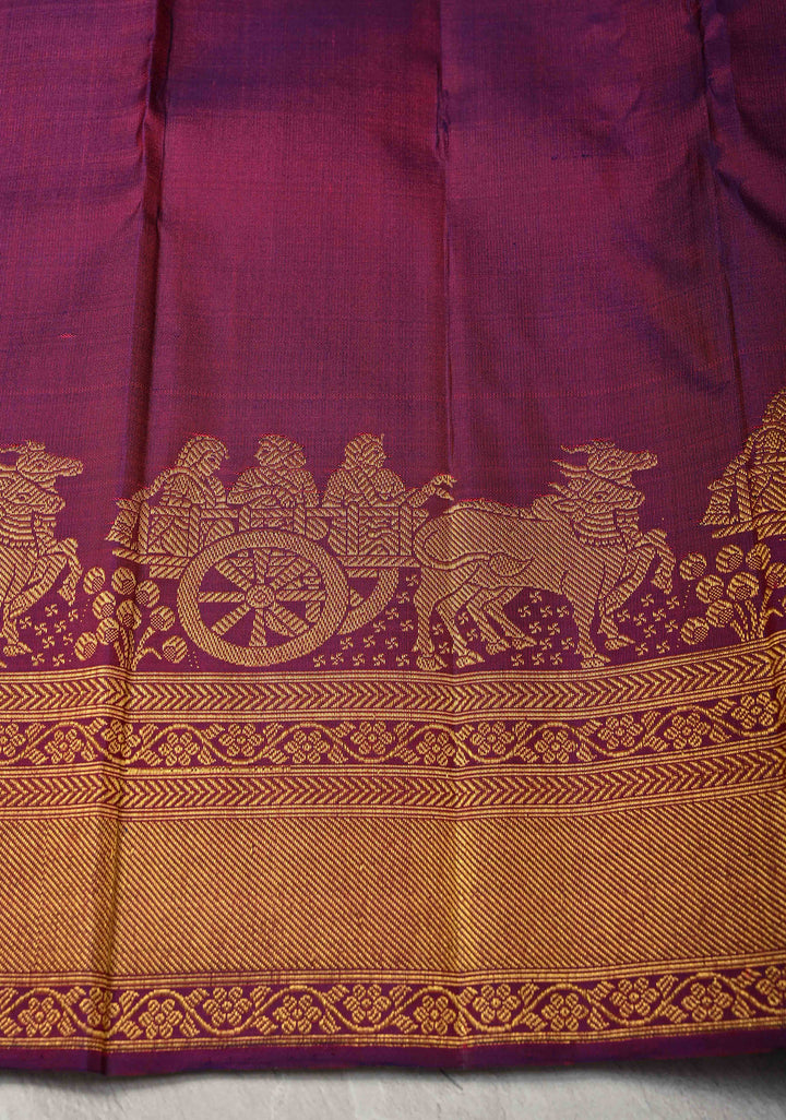 Purple Dual Tone Kanjivaram Silk Saree with Zari Buttas and Bullock Cart Procession Zari Border | SILK MARK CERTIFIED