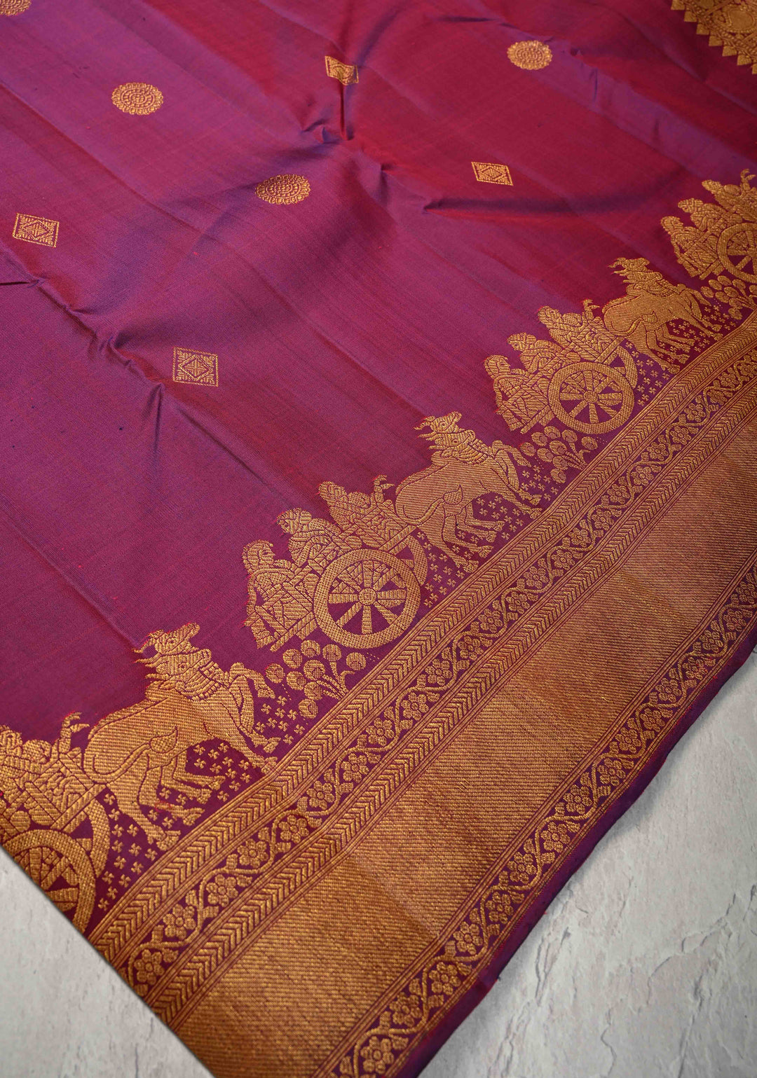 Purple Dual Tone Kanjivaram Silk Saree with Zari Buttas and Bullock Cart Procession Zari Border | SILK MARK CERTIFIED